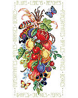 Luscious Colorful Fruits -  It's only the best for you with this rendering of fruits of the orchard and vineyard depicted at the peak of perfection. The bunch is tied up with ribbons and feathers with beautiful butterflies floating by to sample the harvest. 