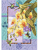 Orchids and Hummingbirds - PDF: Welcome nature into your home with this breathtaking piece that flaunts gorgeous hummingbirds and cascading yellow orchids. The background of lavender and aqua have Asian motifs, bamboo border and layers of detail not usually seen in cross stitch. We are proud of this elegant design.
