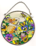 Pansies and Bunny: Hand-painted glass Sun Catcher.