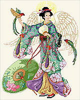 This Japanese angel delights in her traditional kimono dress with flowing sleeves and vibrant cherry blossom designs while holding exotic birds.
