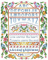 Our long out of print classic sampler with a variegated thread effect using only solid floss colors will be an instant heirloom. 