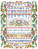 Love Warms the Heart Sampler - PDF: Our long out of print classic sampler with a variegated thread effect using only solid floss colors will be an instant heirloom. 