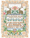 Rabbit Sampler - PDF: This clever and unique sampler design features two playful bunnies surrounded by a lovely and intricate ribbon and floral border. A touch of Art Nouveau design makes this classic and beautiful sampler a treasured heirloom. Adds an especially charming touch to any Easter décor or enjoy year round