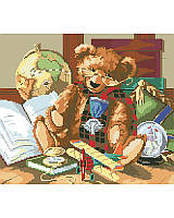 Add a vintage touch to your child's playroom or library with this heirloom-inspired teddy bear design.
He is sporting a fancy tartan scarf, glasses and a medal of honor in a room filled with memories, a snow globe, airplane, books and a world globe. This scholarly bear is a classic for the man in your life.