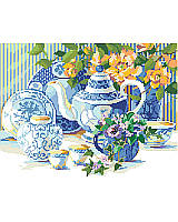 Steeping in savored charm, this blue and white tea time still life seems to come alive with the bright peach begonias and pretty purple pansies amid a beautiful China tea set. This lovely setting, by Nancy Rossi, would be a cherished addition to a blue and white collection.
