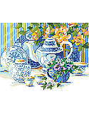 Blue and White Tea Set - PDF: Steeping in savored charm, this blue and white tea time still life seems to come alive with the bright peach begonias and pretty purple pansies amid a beautiful China tea set. This lovely setting, by Nancy Rossi, would be a cherished addition to a blue and white collection.
