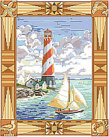 Add a dose of nautical style with this big and beautiful seaside scene featuring a lighthouse and a ship at the harbor. Designer Nancy Rossi captures the  dramatic sky, ocean breezes and windy sails with ease.
Great for a beach house on the cape or perfect for dad's den.  
