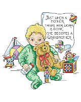 This lovely vintage style cross stitch features a baby surrounded by toys and a heart warming message "Just when a mother thinks her work is done, she becomes a grandmother." Warmly dressed, this little one is happy to celebrate his grandma! The perfect Grandparents’ Day gift, or give to Grandma as a birthday gift, appreciation gift, or just because.
