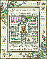 Your décor will be all abuzz with the addition of this bee-utiful design by Sandy Orton. Long out-of-print, we are thrilled to bring this masterpiece sampler back. This delightful garden sampler for the experienced stitcher features an intricate honeycomb pattern, bees, floral and garden motifs, along with the proverb "Pleasant words are like a honeycomb, sweetness to the soul and health to the body." 
