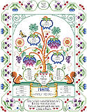 Family Tree Sampler - PDF: This inclusive fill-in keepsake family tree celebrates the details that make you and your family special for many generations! Big and bold at over 14" x 18" on 14 count, with its Jacobean style floral border with squirrels and butterflies, it's sure to become a beloved keepsake! An elegant heirloom for cherished family. 