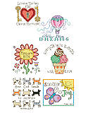 Cute Minis Collection 3 - PDF: If stitching a full size traditional design seems too daunting, try stitching 6 minis instead. These adorable and uplifting little designs make a unique addition to any project. They would also make great birthday gifts, stitched up on cards, bookmarks or in small frames for that special friend. This whimsical collection includes some of our cutest sayings, such as "Love is the key", "Follow your dreams", "Dream big", "Everything is sweeter", "One cat leads to another", and "Scatter Joy."
