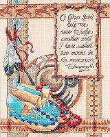 "O Great Spirit, help me never to judge another until I have walked two moons in his moccasins,"  words of E. Laughing Fox Wells. From the legends of Navajo history and lore comes this beaded Counted Cross-Stitch design rich in verse, symbols and motif in the warm reds, turquoise blues, and desert sand colors of the Southwest.