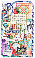 A stitch in Time! Sew many memories come to mind amid these collectibles, memorabilia and sewing sundries. Turn back the clock and stitch, "With needle in hand I stitch with pleasure a sampler of my sewing treasures". This is an enchanting design to nurture creativity.