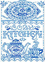 Cozy Kitchen! Brew a cup of kindness in this toile embroidered design screened with permanent blue ink.