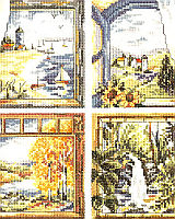 "Four Window Scenes" is truly one to cherish. Each window has a scene with beautiful colors and settings for that special time. Summer on the beach with sale boats adrift, or Autumn with its foliage at its best, are just two of four windows.