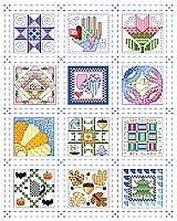 If stitching full size traditional quilt blocks seems too daunting, try stitching 12 tiny quilt block designs instead.  These adorable and charming little square motifs fit the seasons and each month of the year and look fabulous as a grouping consisting of all twelve. They would also make great birthday gifts, stitched up on cards, bookmarks or in small frames for that special friend or quilting aficionado. 