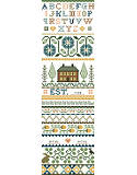 Homestead Sampler - PDF: Kooler Design Studios take on the classic Americana band sampler in a style more sophisticated than primitive.  This subtle design by Deanna Hall West has soft tones of gold, green and teal which will fit into today’s décor.