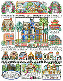 Bless Our Home Sampler - PDF: We always say “Love makes a house a home” and this charming Bless Our Home Sampler by designer Barbara Baatz Hillman is filled ‘chock a block’ with adorable little houses of every size and style.