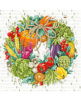 Bursting with Bountiful Harvest Color and Flavor! Delicious vegetables accentuated with a rope bow over a background of bees and the names of fruits and vegetables. 