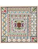 The Spanish Sampler: A uniquely Spanish composition formed by a central heraldic emblem representing the regions of Spain, surrounded by a series of decorative geometric and floral borders.