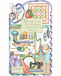Stitcher's Sampler: A stitch in Time! Sew many memories come to mind amid these collectibles, memorabilia and sewing sundries. Turn back the clock and stitch, "With needle in hand I stitch with pleasure a sampler of my sewing treasures". This is an enchanting design to nurture creativity.