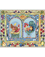 We love the incredible detail of this authentic French style rooster, hen and chick family, that’s proudly at home in any kitchen. This charmingly French country piece featuring French blues and bright colors to represent the bounty of the land. Juicy berries, feathers, Sunflower, eggs and lavender create a bold and unique border design. One of largest pieces ever released, this will sure to be an heirloom. 

