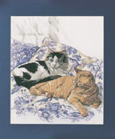 Are you a cat lover? If so, you're sure to love this design featuring two gorgeous kitties basking in the sunshine on a bed of toile pillows.