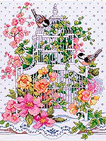 Our feathered friends are on the outside looking in on an enchanting white birdcage filled with delightful  blossoms. Packaged as a chart only for stitchers who prefer to provide their own fabric and floss.