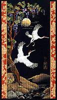 The Bolder, The Better! These birds of immense grace and beauty transcend from far and away exotic lands. Beyond a ripe grape arbor and tinkling stream, these awesome cranes spread their wings and soar across the iridescent moon into the night sky. The border adds absolute charm to this awesome treasure.
