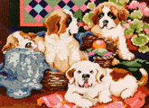 Lotsa Puppies anxious to join your menagerie! Totally irresistible; hold onto your heart as you stitch these colorful St. Bernard characters! This Needlepoint design by Linda Gillum for Kooler Design Studio is rich in color and imagery and the perfect design for dog lovers.
