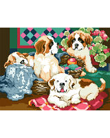 Lotsa Puppies anxious to join your menagerie! Totally irresistible; hold onto your heart as you stitch these colorful St. Bernard characters! 
