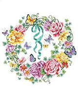 Blossoms and butterflies, buds and bows intertwined in a beautiful and colorful wreath 