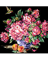 A spectacular floral design of pink toned peonies in full bloom are the central subject in this chart.