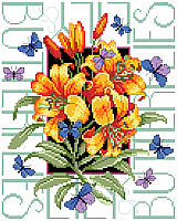 Butterflies  surround a beautiful bouquet of lilies in this lovely design.