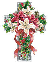 Celebrate the winter holidays with this stunning cross featuring a bouquet of red and white poinsettias, holly accents, and decorative greenery, all tied up with a vivid red bow.

