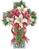 Winter Season Floral Cross - PDF: Celebrate the winter holidays with this stunning cross featuring a bouquet of red and white poinsettias, holly accents, and decorative greenery, all tied up with a vivid red bow.
