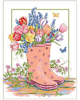 This cheerful scene depicts cute rain boots bursting with colorful tulips, lavender and daffodils in a beautiful garden after a Spring rain. Little butterflies are flitting about to soak up the sun. This charming scene makes you feel like you've just come in from a gardening session in springtime. 