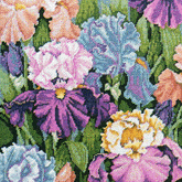 This bold and beautiful design offers a close-up on a bed of Irises. The versatile color palette gives you a host of options for customizing this hanging. This piece also is beautiful made into a pillow.