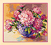 A classic still life. Warm colorings in shades of pinks and purples. A large piece, Peonies In Bloom is perfect for the dedicated stitcher. The 12 mesh needlepoint canvas is preprinted with the image.