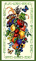 Luscious Colorful Fruits -  It's only the best for you with this rendering of fruits of the orchard and vineyard depicted at the peak of perfection. The bunch is tied up with ribbons and feathers with beautiful butterflies floating by to sample the harvest.