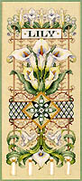 Lilies of every kind pure, white and shining bedeck this stunning design. Stitched on 28 count beige even weave fabric and accented with gold metallic thread and beads, the majority of the design is worked over two fabric threads. The center motif is worked over one fabric thread to capture every nuance of the petals.