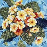 Exotic flowers along a primrose path! Enjoy the spectacular blaze of color any season of the year. This bright wool Needlepoint design is by Barbara Baatz Hillman.