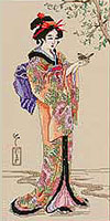 Beauty ten-fold -- Geisha dressed in a sweeping kimono, exquisite obi and wearing elaborate combs in her hair is the picture of graceful serenity. This Counted-Cross-Stitch  is designed by Nancy Rossi.