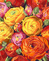 An explosion of orange, red, yellow and pink fill this fabulous design by Nancy Rossi. One of our classic florals, this depiction of Ranuncula's in full bloom is a beauty.  This design can be worked up in cross stitch, big stitch or needlepoint as there is no back-stitching.