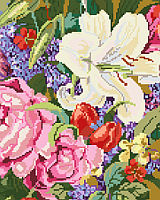 Lilies, roses, lilacs and tulips abound in this classic floral bouquet design by designer Nancy Rossi. 