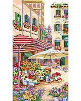 A glorious European flower market street scene is gorgeously depicted by Linda Gillum. 