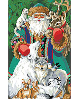 A North Pole Santa dressed in Nordic style robes surrounded by the cold climate animals, including;  reindeer, wolf, fox, and other loving animals. 