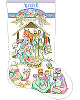 A stocking with Celestial Angels with their trumpets in celebration of the birth of the Christ Child. 