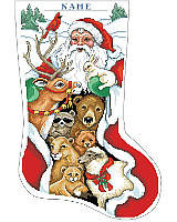 Santa visits with his woodland friends in this festive stocking designed to decorate your mantle. 
