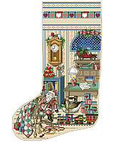 The holidays bring families together to create memories that last a lifetime. Celebrate those special moments with this stunning cross-stitch stocking designed by Sandy Orton.   This sitting room is overflowing with sentimental charm, from the traditional clock on the wall to colorful choo choo train on the floor. This piece is sure to evoke memories of wonderful Christmases past.